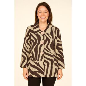 3 SISTERS Jacket Women's Large Brown Linen Zebra Safari Lined Three Buttons